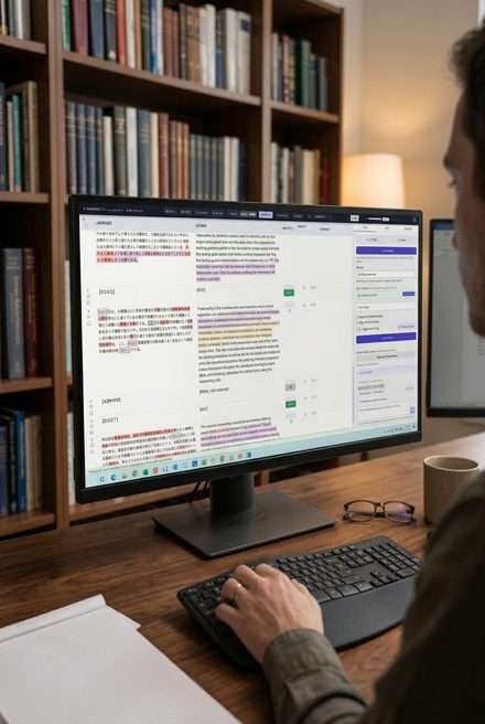 A translator using PatentCAT on a desktop monitor, with Japanese source text and English translation visible side by side